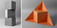 Fotoreihe: Zwei Designelemente in Form von gestapelten Würfeln und einem Würfel in einem Dreieck. Studienarbeit Kisten und Kästen