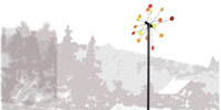 Foto: Eine Windradskulptur vor einem grafischen Landschaftsbild. Studienarbeit Skulpturen für Wind und Wasser.