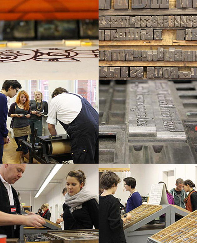 Fotocollage: Studierende bei der Exkursion ins Museum für Druckkunst Leipzig - Führung "Setzen und Drucken"