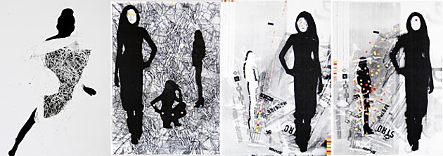 Fotoreihe 1: Menschliche Figur / Figur im Raum. Eine weibliche Silhouette auf einer Reihe von Zeichnungen.