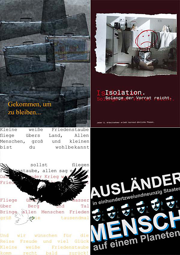 Fotocollage: 4 Plakate. Thema: Inhalt-Form-Beziehungen am Beispiel von Plakatgestaltungen.