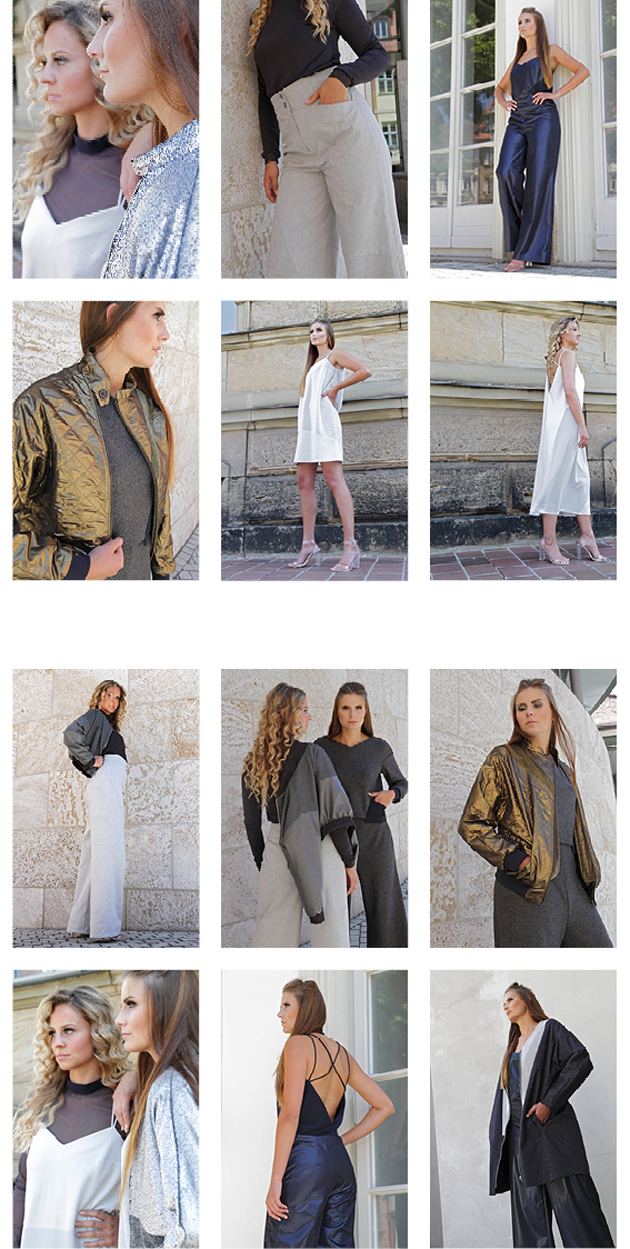 Fotocollage: Models präsentieren Kleider, Hosen und Oberbekleidung.