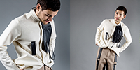Fotocollage (Auszug): Roy Böser - Hybrid Identity. Ein männliches Model präsentiert Kleidung.