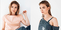2 Fotos: Babette Sperling mit dem Thema: SurroundSense. Ein Model präsentiert das Modedesign.