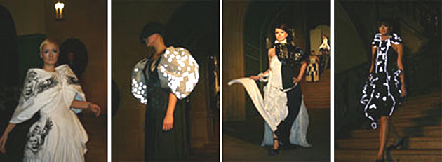 Fotoreihe: Modenschau Défilé 2008 - Noir Désir. Vier Models präsentieren die Kollektion.