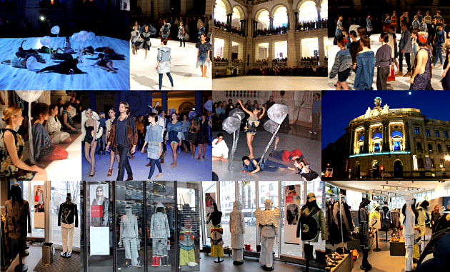 Fotocollage: Modeperformance Sieben Farben Blau: Das Denim-Experiment / Ausstellung Sportswear-Geschäft Cumulus Berlin Mitte. Bilder zu den Kollektionen.