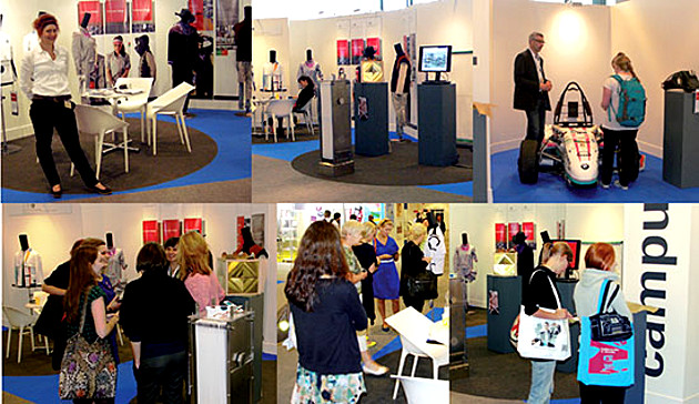 Fotocollage: Messe Texprocess Frankfurt. Impressionen vom Messestand der WHZ.