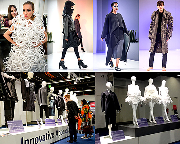 Fotocollage: Studienrichtung Modedesign live on Stage auf der Techtextil/Texprocess in Frankfurt /Main. Models präsentieren die Kollektion und Blick auf Ausstellungsstücke.