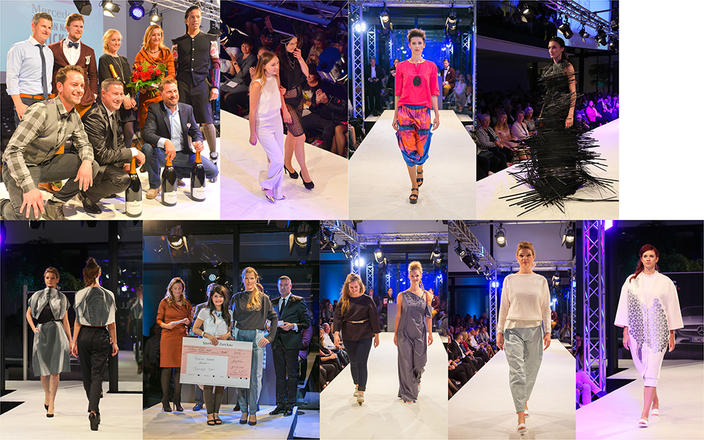 Fotocollage: Mercedes Fashion Night Avard 2016. Models präsentieren die Kollektionen. Gruppenbild der Sieger.