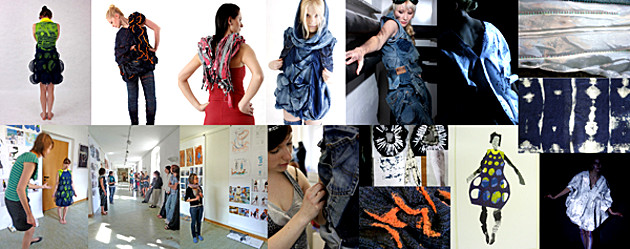 Fotocollage zum Thema: denim Crafts - Seapower, Manpower. Models präsentieren das Modedesign. Projekt Modedesign 2011, 2. Semester - Modul AKS 242 – Technikorientierte Modellentwicklung