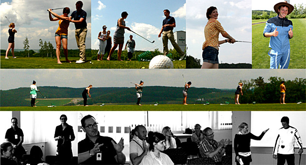 Fotocollage 1 zum Thema: Golfwear - outcome basic clothing. Models präsentieren das Modedesign. Projekt Modedesign 2012, 4. Semester - Modul AKS 245 – Industrieorientierte Modellentwicklung Modul AKS 247 – Prototyp-Entwicklung, Dokumentation und Produktpräsentation: Modedesign