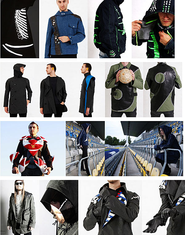 Fotocollage zum Thema: Stadionjacke. Models präsentieren das Modedesign. 