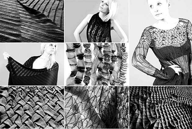 Fotocollage: Der schwarze Faden – Maschenbildende Muster für Bekleidung. Stoffoberflächen und ein Model präsentiert die Kollektion.