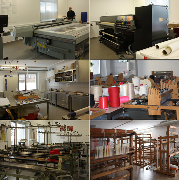 Fotocollage: Bilder zur Ausstattung der Werkstätten mit verschiedenen Maschinen in der Textilkunst / Textildesign. 