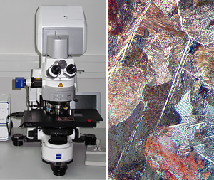 Foto: 2 Bilder zur Metallographie. Ein Mikroskop und ein Ausschnitt einer mikroskopischen betrachteten Oberfläche.