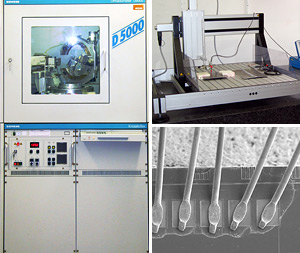 Fotocollage: Drei Bilder zur zerstörungsfreien Werkstoffprüfung. Geräte zur Werkstoffprüfung und mikroskopische Untersuchung.