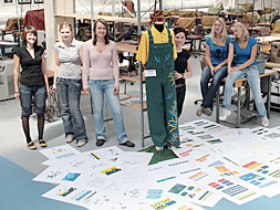Gruppenfoto: Sechs Studierende stehen und sitzen hinter den auf den Boden ausgelegten Plakaten und präsentieren ebenfalls eine Latzhose mit farblichen Elementen.