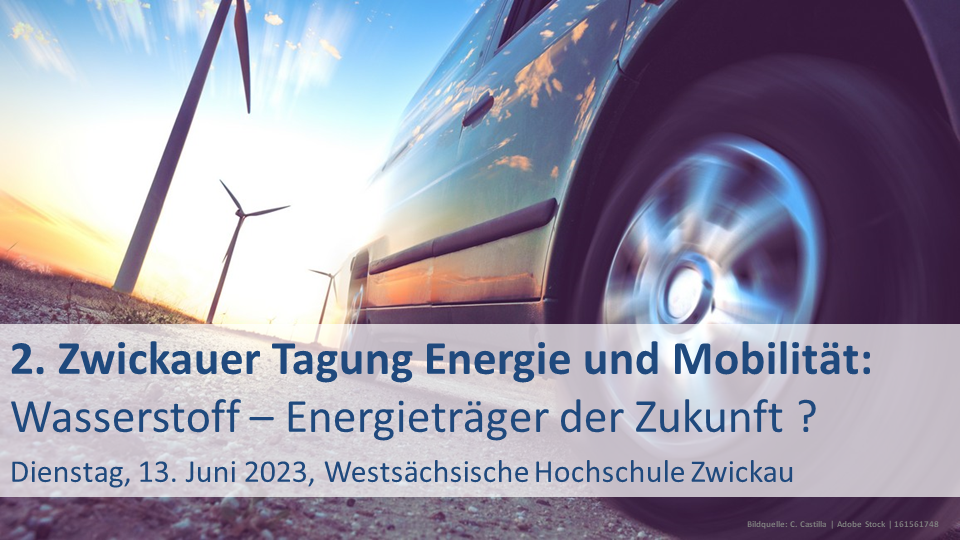 Titelgrafik Tagung: ein Fahrzeug fährt auf den Sonnenaufgang zu, vor dem zwei Windräder zu sehen sind. Im Unteren Teil befindet sich ein Schriftzug mit Datum und Titel der Tagung. Quelle Foto: adobestock