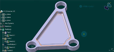 Zu sehen ist das 3D Modell eines dreieckigen Schsrniers, erstellt mit CATIA V5