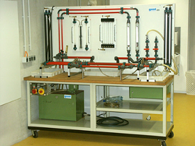 Foto: Grundlagen Strömungslehre. Ein Labortisch mit Anordnungen.