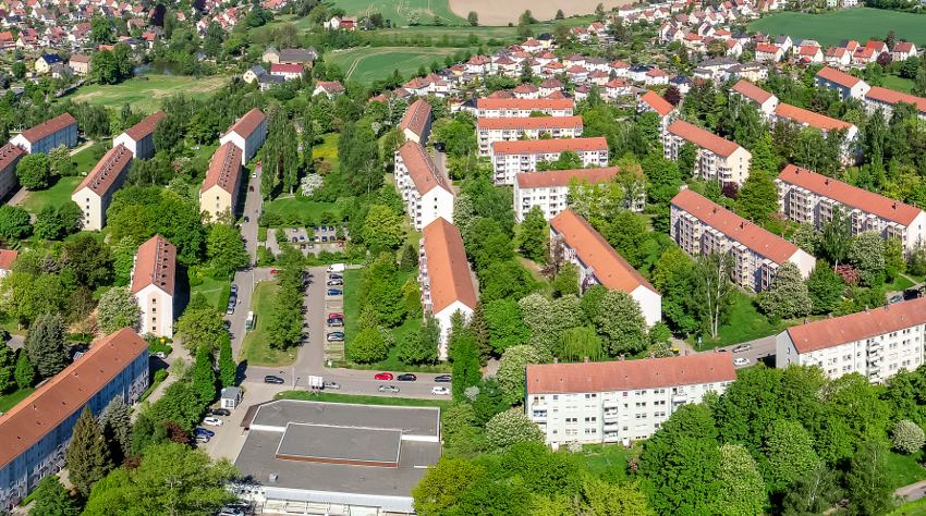 Foto: Luftbildaufnahme eines Teilstück des Stadtteil Marienthals in Zwickau.
