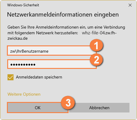 Bild welches die Eingabe von Netzlaufwerkanmeldeinformationen zeigt