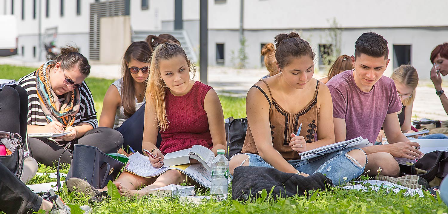 Titelbild Studierende - Studierende bei einer Vorlesung auf der Wiese