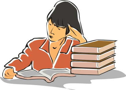 Grafik: Studienarbeit. Eine Studierende schaut in ein Buch. Daneben ein Stapel Bücher.