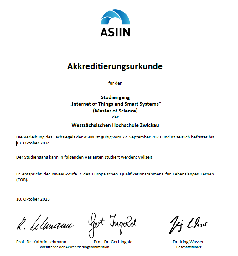 Abbildung: Akkreditierung für den Studiengang "Internet of Things and Smart Systems"
