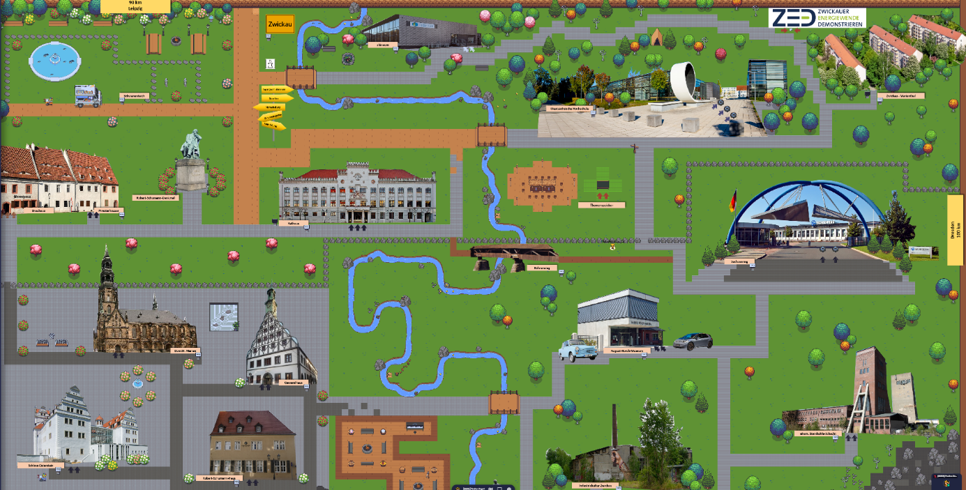 Grafik: Screenshot der im Online-Tool gather.town (© 2020-2021 Gather Presence Inc.) erstellten virtuellen Stadt Zwickau
