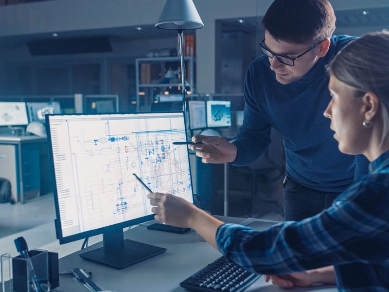 Foto: Eine Frau und ein Mann schauen auf einen Bildschirm, auf dem eine Planungssoftware läuft.