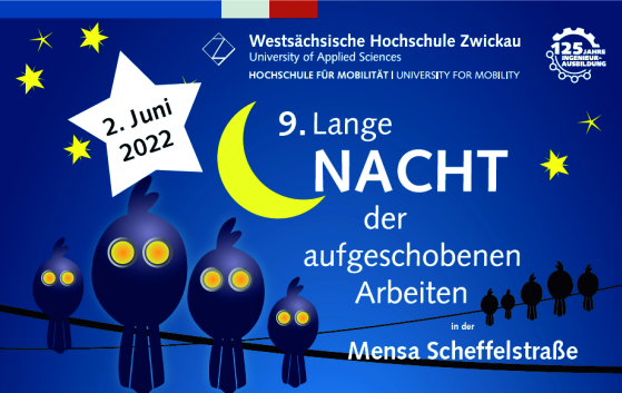 Grafik: Stilisierte Eulen sitzen auf einer Stromleitung vor einem Sternenhimmel. Auf der Grafik wird auf die 9. Lange Nacht der aufgeschonbenen Arbeiten verwiesen. 
