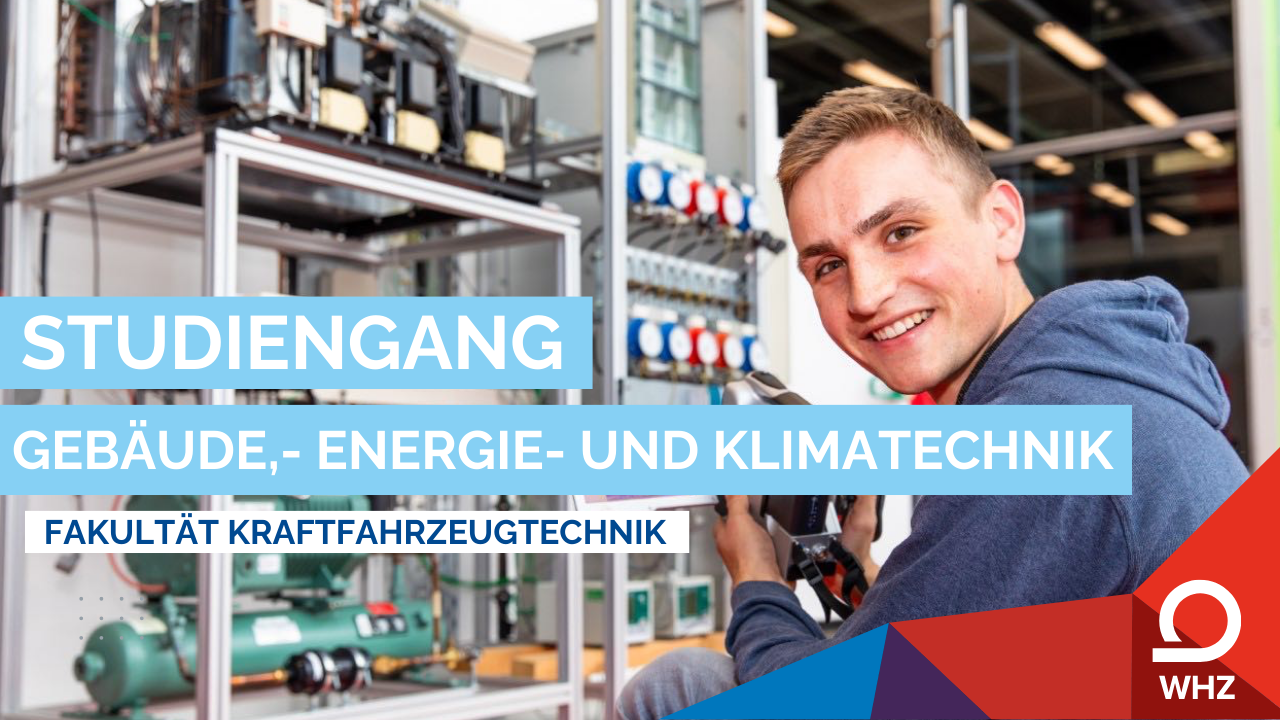 Ein Student steht vor einem Messgerät. Neben ihm ist der Titel des Studienganges, "Gebäude-, Energie- und Klimatechnik" eingeblendet.