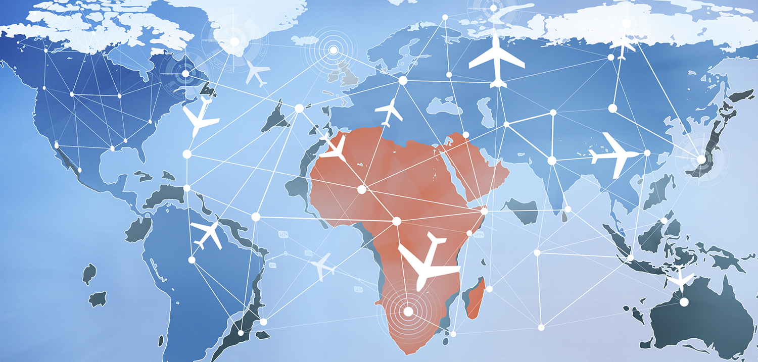 Grafik: Weltkarte. Darüber ein Netzplan mit verschiedenen Punkten und Linien verbunden. Teilweise auf den Linien mit Flugzeugsymbolen.
