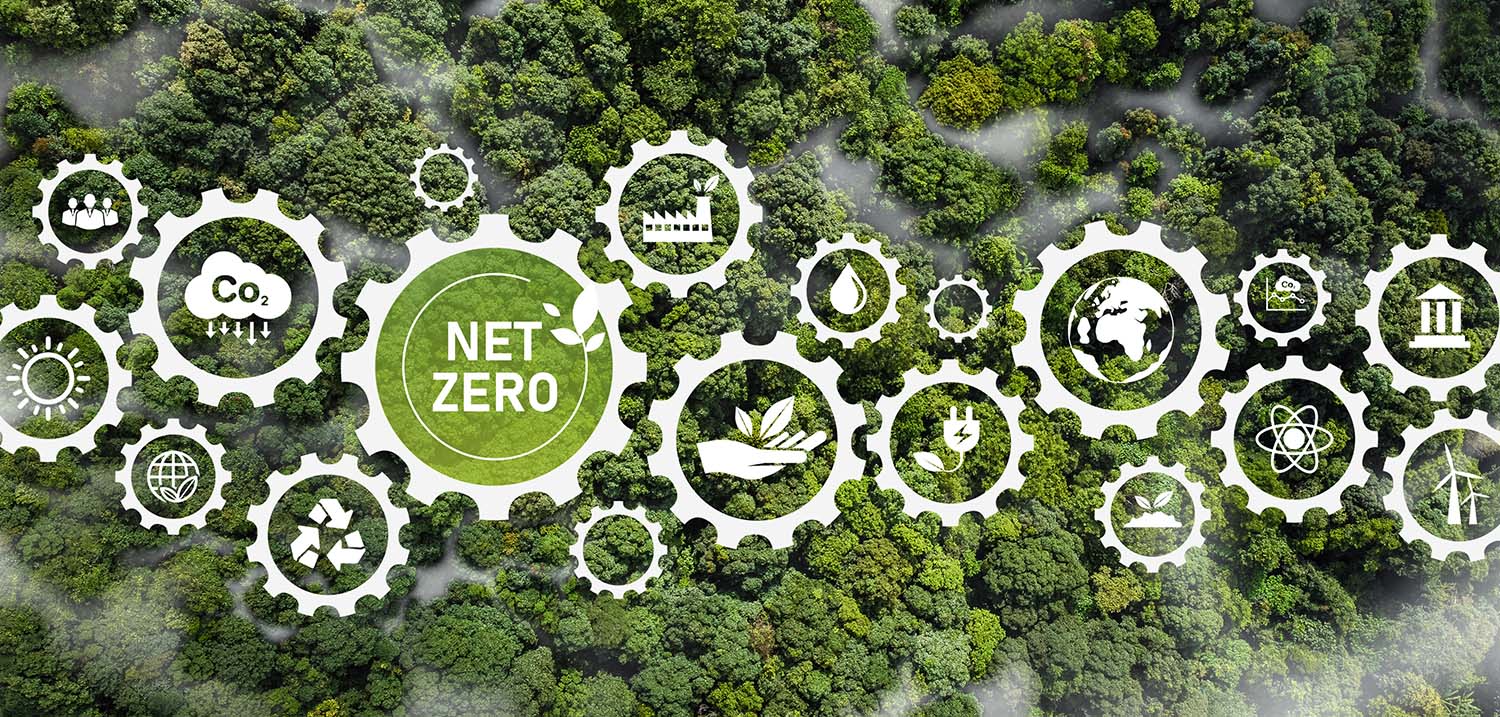 Net Zero, a concept that demonstrates a net zero emissions target. Carbon Dioxide Emissions In a bird's-eye view with a grid of Net Zero icons.