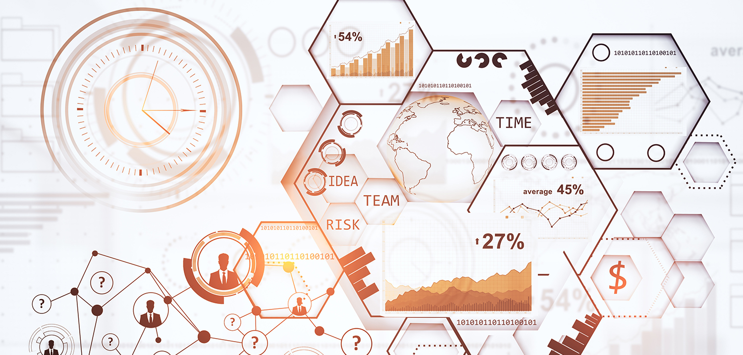 Verschiedene Businessgrafiken werden in Rauten und Kreisen dargestellt. 