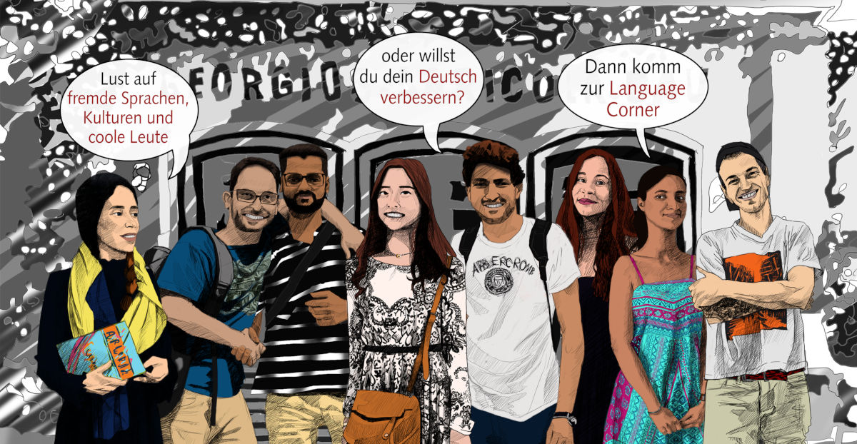 Foto: Grafische Illustration eines Gruppenbildes von Studierenden. Über ihren Köpfen zum Teil mit Sprechblasen versehen.