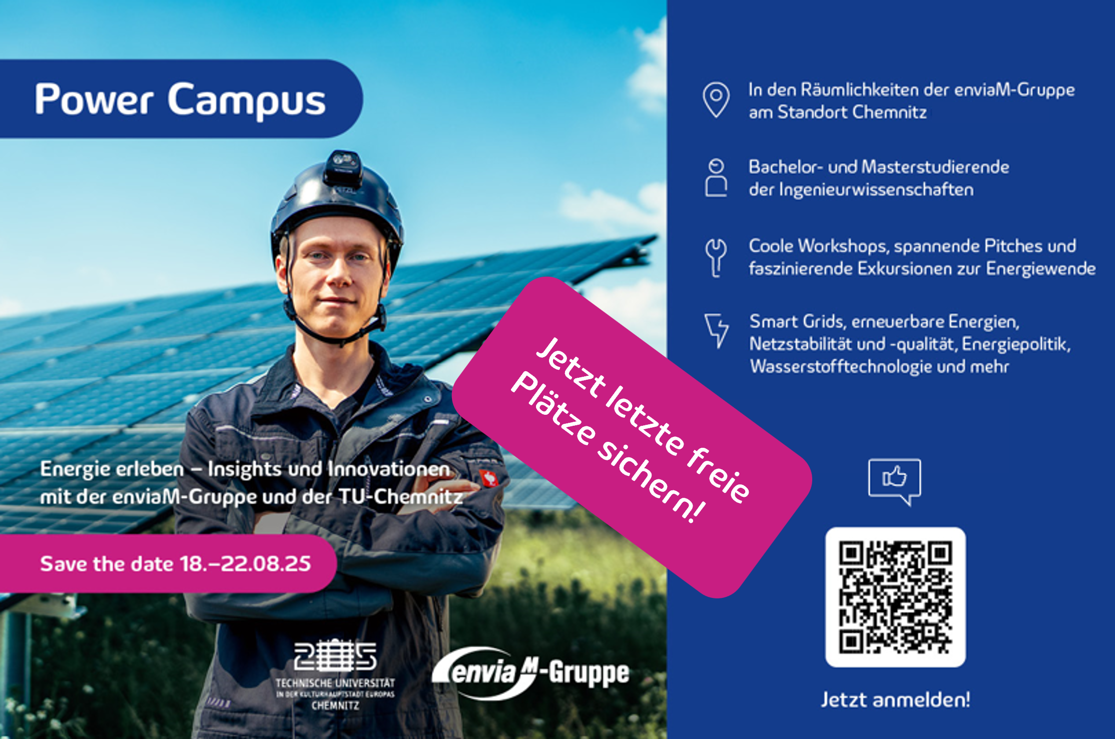 Ein Mann mit Helm steht vor einer Wiese mit Solatpanelen 