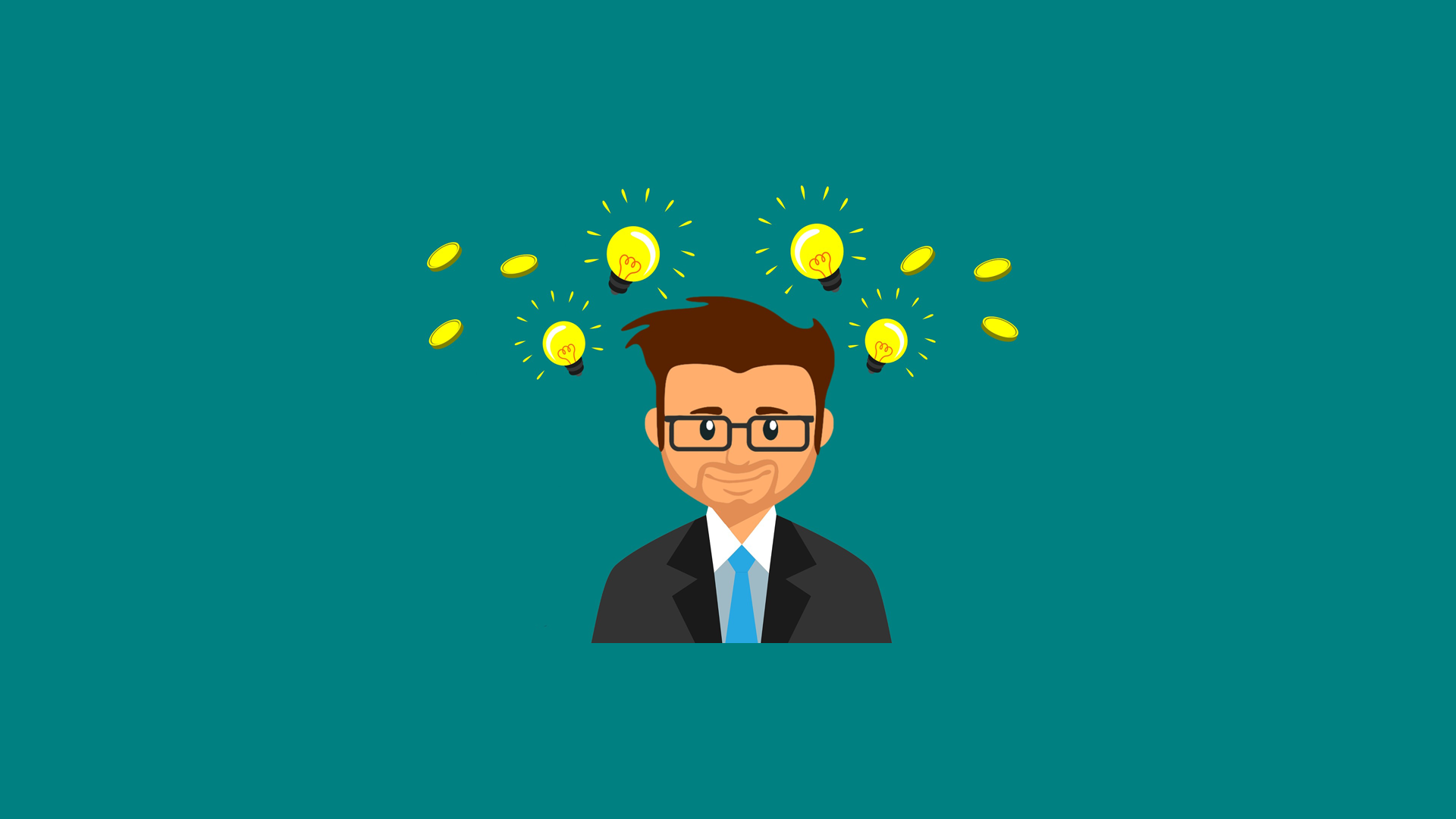 Grafik: Ein Mann mit schwebenden Glühbirnen und Geldmünzen über dem Kopf.